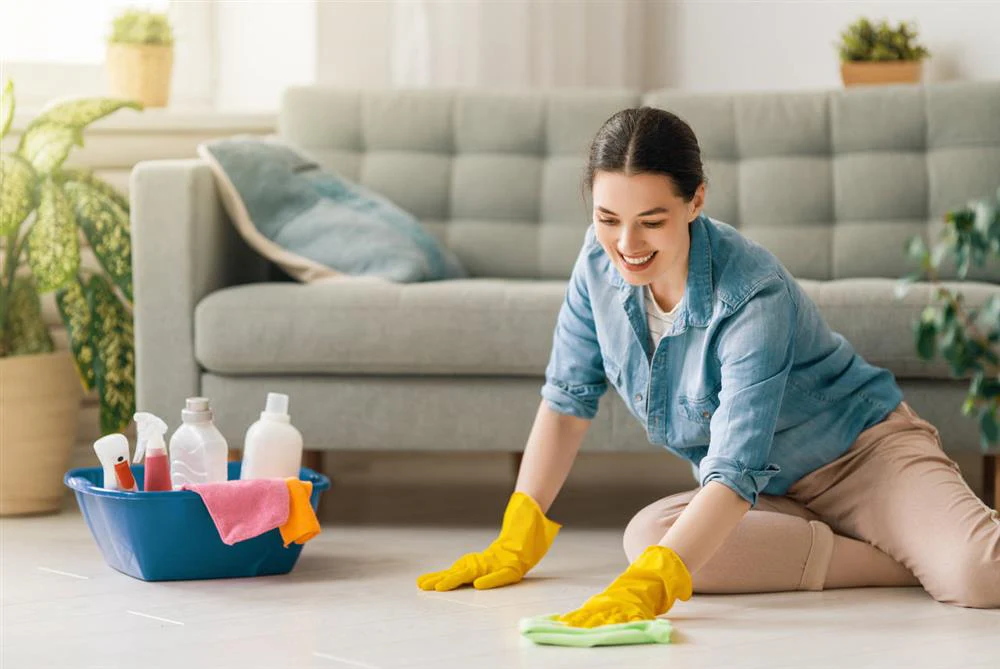 Professional cleaner tidying a bright modern living room
